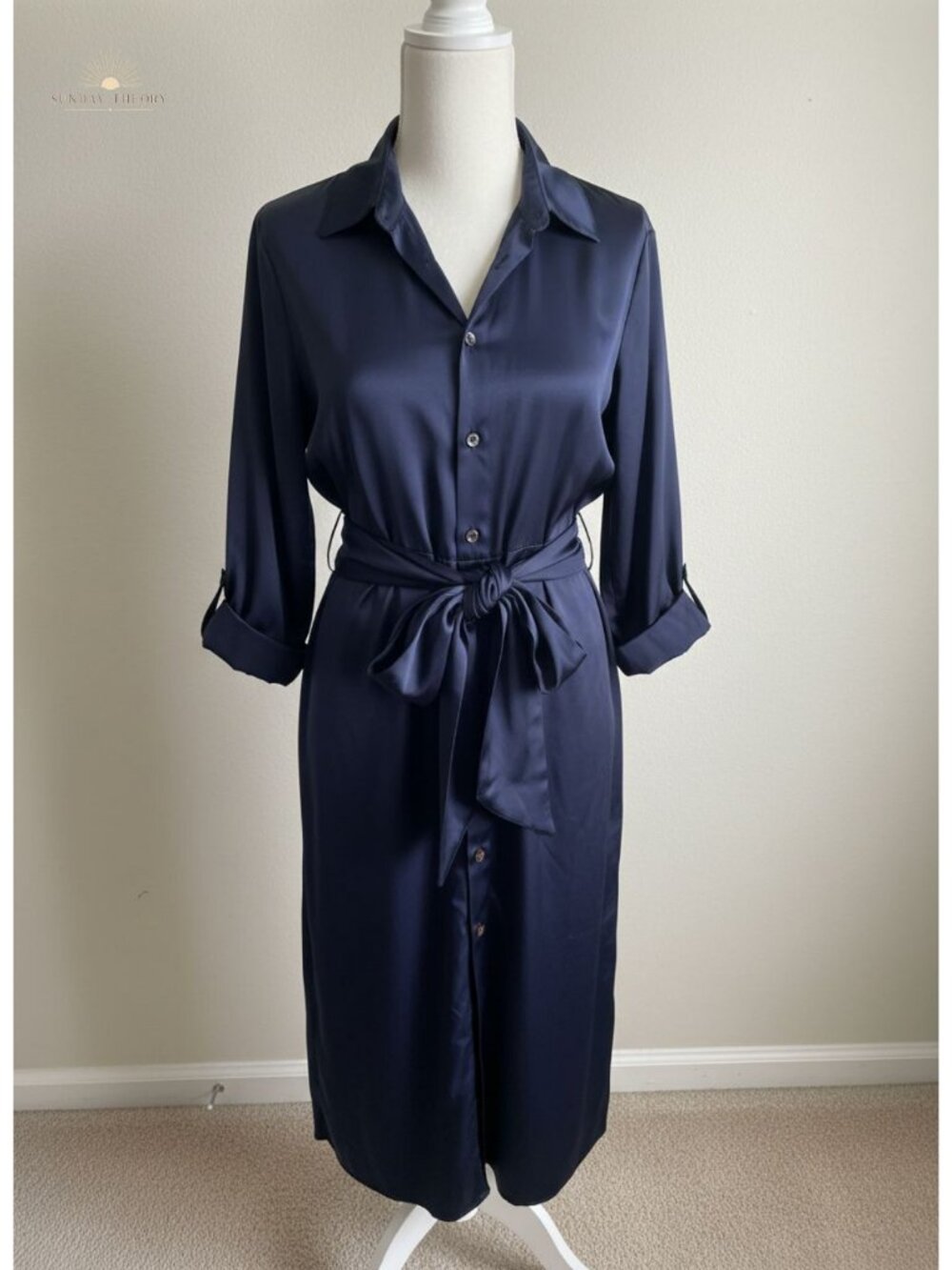 Long Sleeve Maxi Shirt Dress with Tie Waist Ruched Silk Satin Button Down